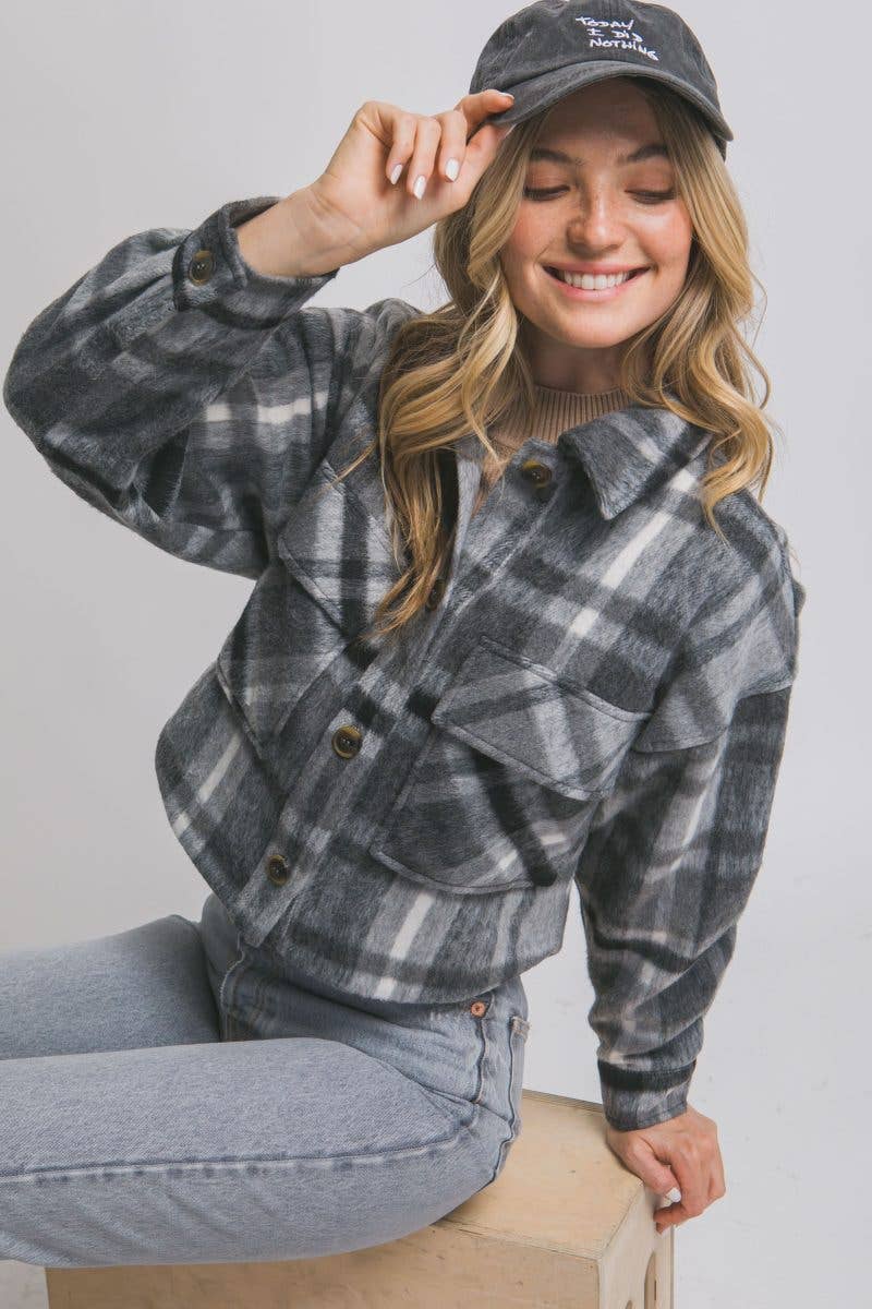Button-down Short Plaid Shacket: CHARCOAL / 2-2-2(S-M-L)