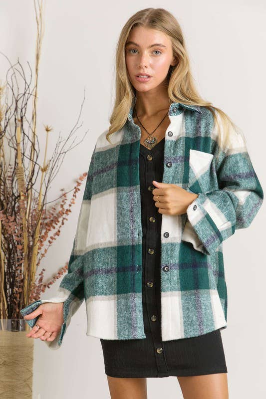 Plaid Flannel Shirt Jacket Shacket: HUNTER GREEN (S-M-L)