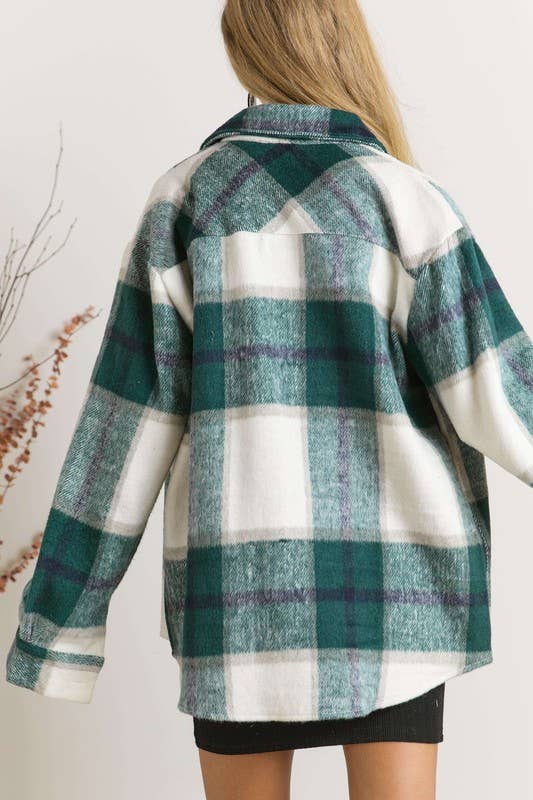 Plaid Flannel Shirt Jacket Shacket: HUNTER GREEN (S-M-L)