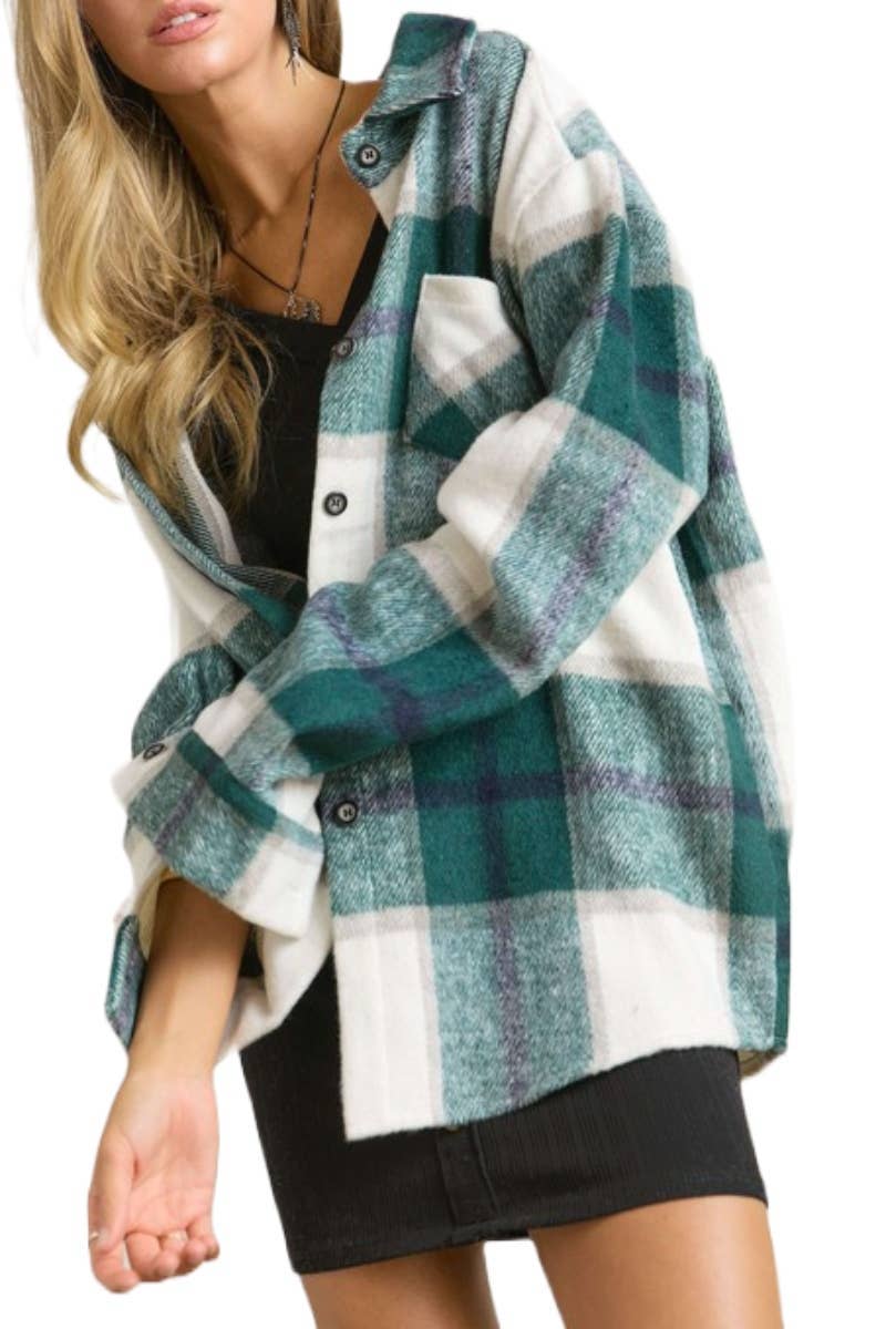 Plaid Flannel Shirt Jacket Shacket: HUNTER GREEN (S-M-L)