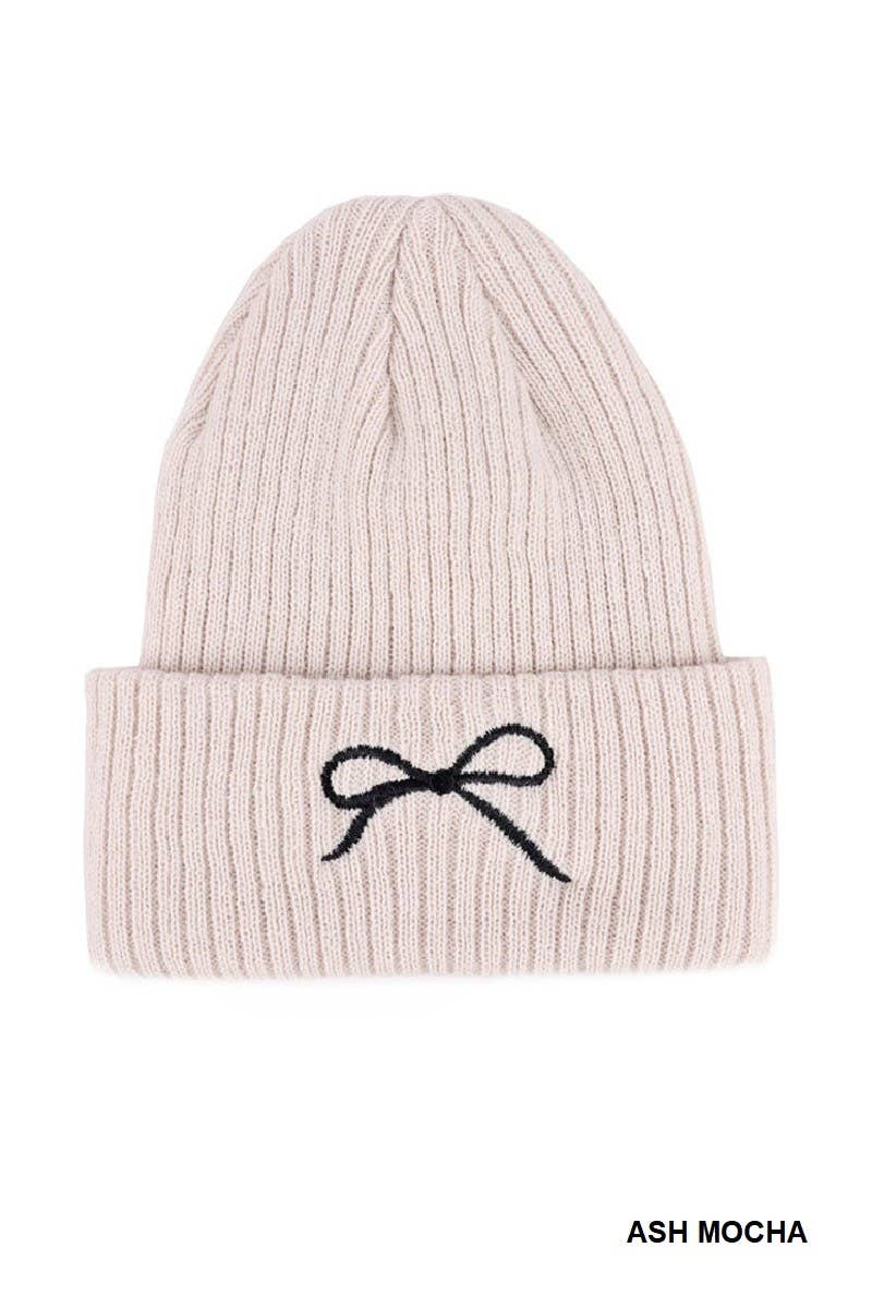 Coquette Bow Embroidered Knitted Beanie: ASH MOCHA / 1(ONE SIZE)