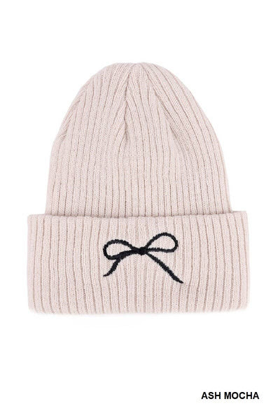 Coquette Bow Embroidered Knitted Beanie: ASH MOCHA / 1(ONE SIZE